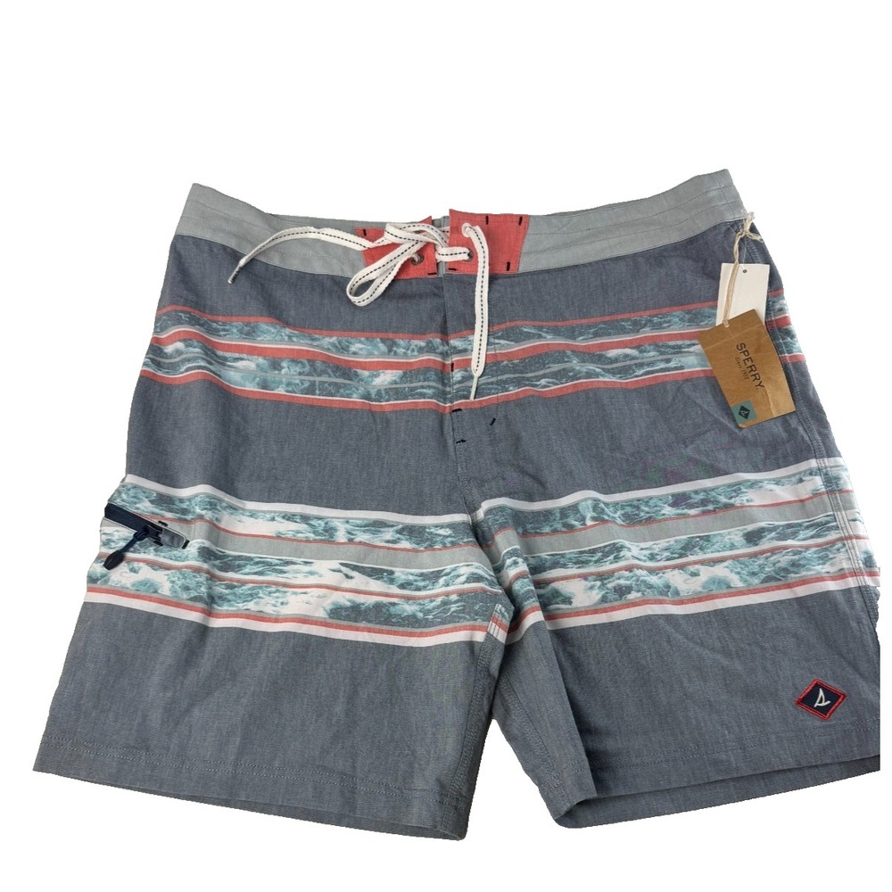 Sperry Mens Ink Blue‎ Wave Stripe Board Shorts Swim Trunks Size 38x8 NEW